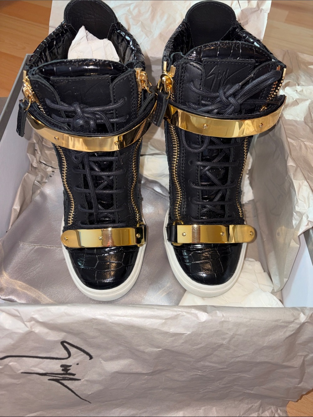 Giuseppe Zanotti Black High-Top Sneakers with Gold Hardware